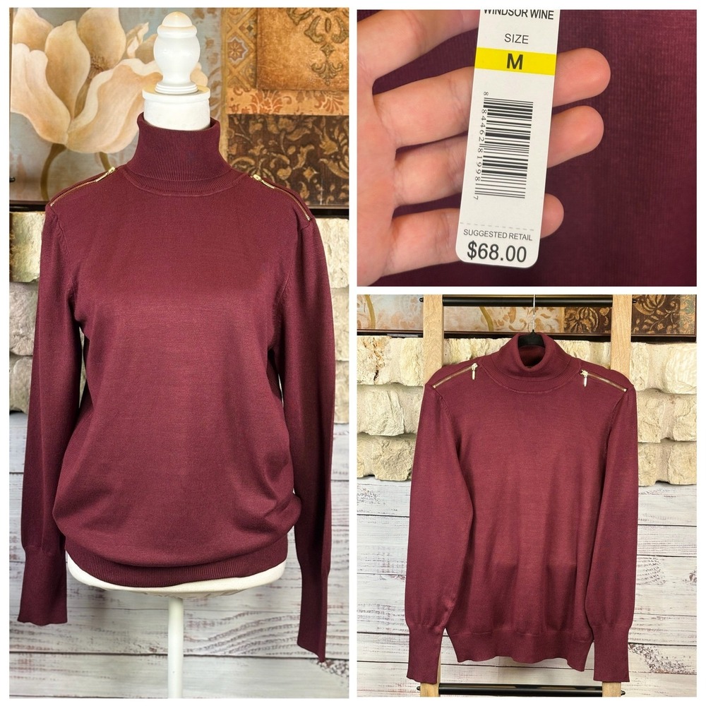NWT Joseph A Womens Wine Maroon Gold Shoulder Zip Turtleneck Sweater Medium
